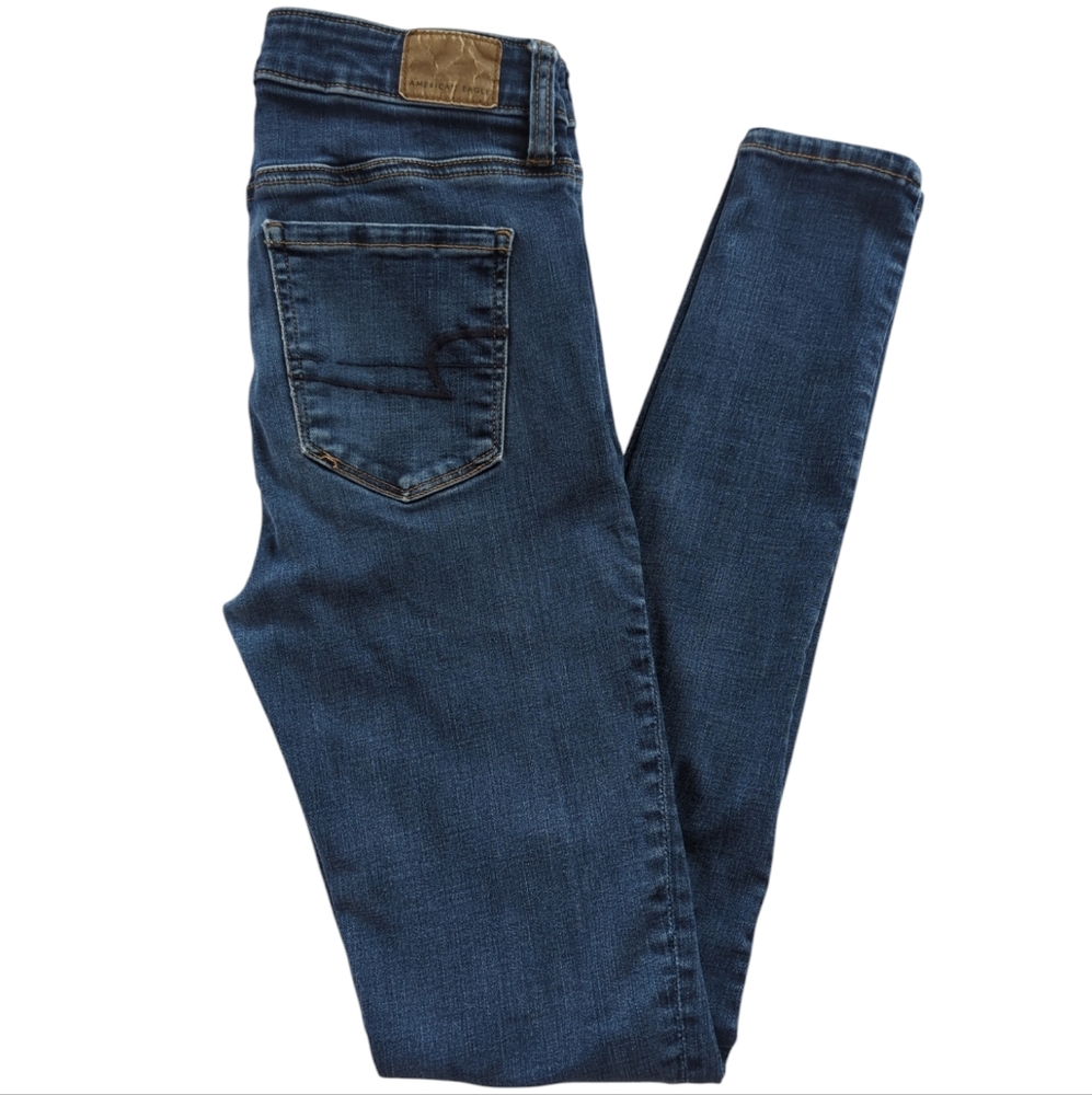 AEO Next Level Stretch Super Hi-Rise Jegging Mom Jeans 4 X-Long Blue Pockets
